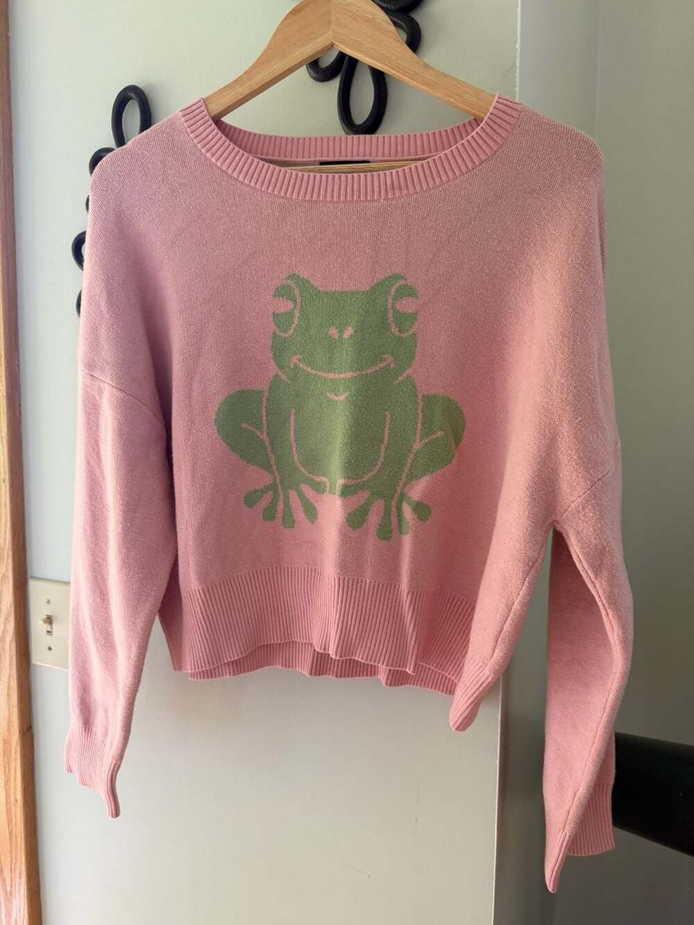 Originality Women's Pink Frog Graphic Crew Neck Knit Sweater
